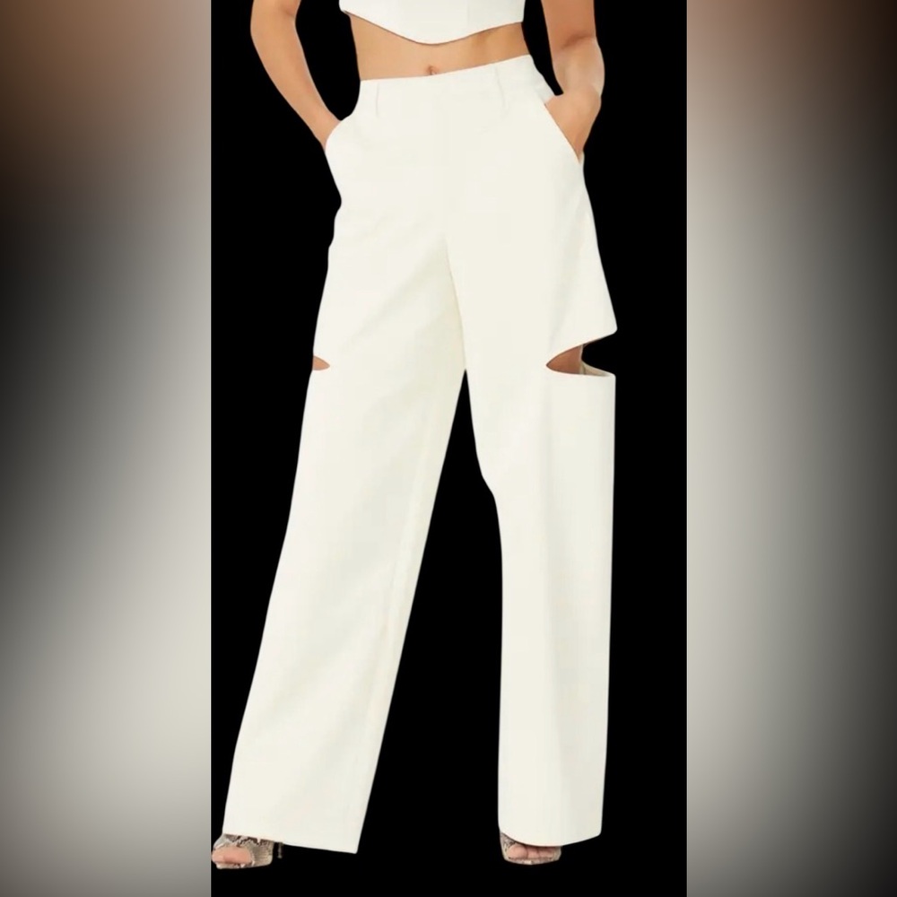 AFRM Faux Leather Wide Leg Pants with cut outs on thighs. 4 pockets. Ivory. 30